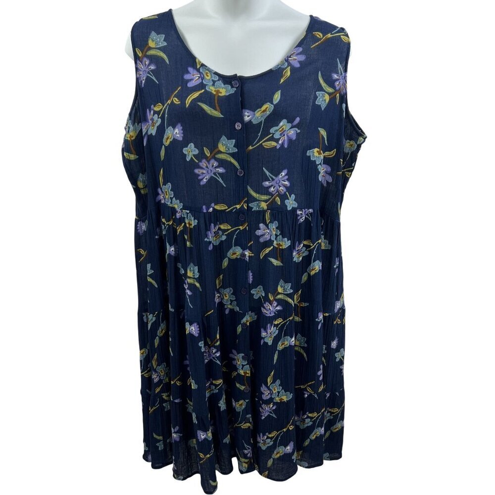 Argee 3X Floral Sleeveless Button Up Dress Navy Purple Yellow Lightweight Summer